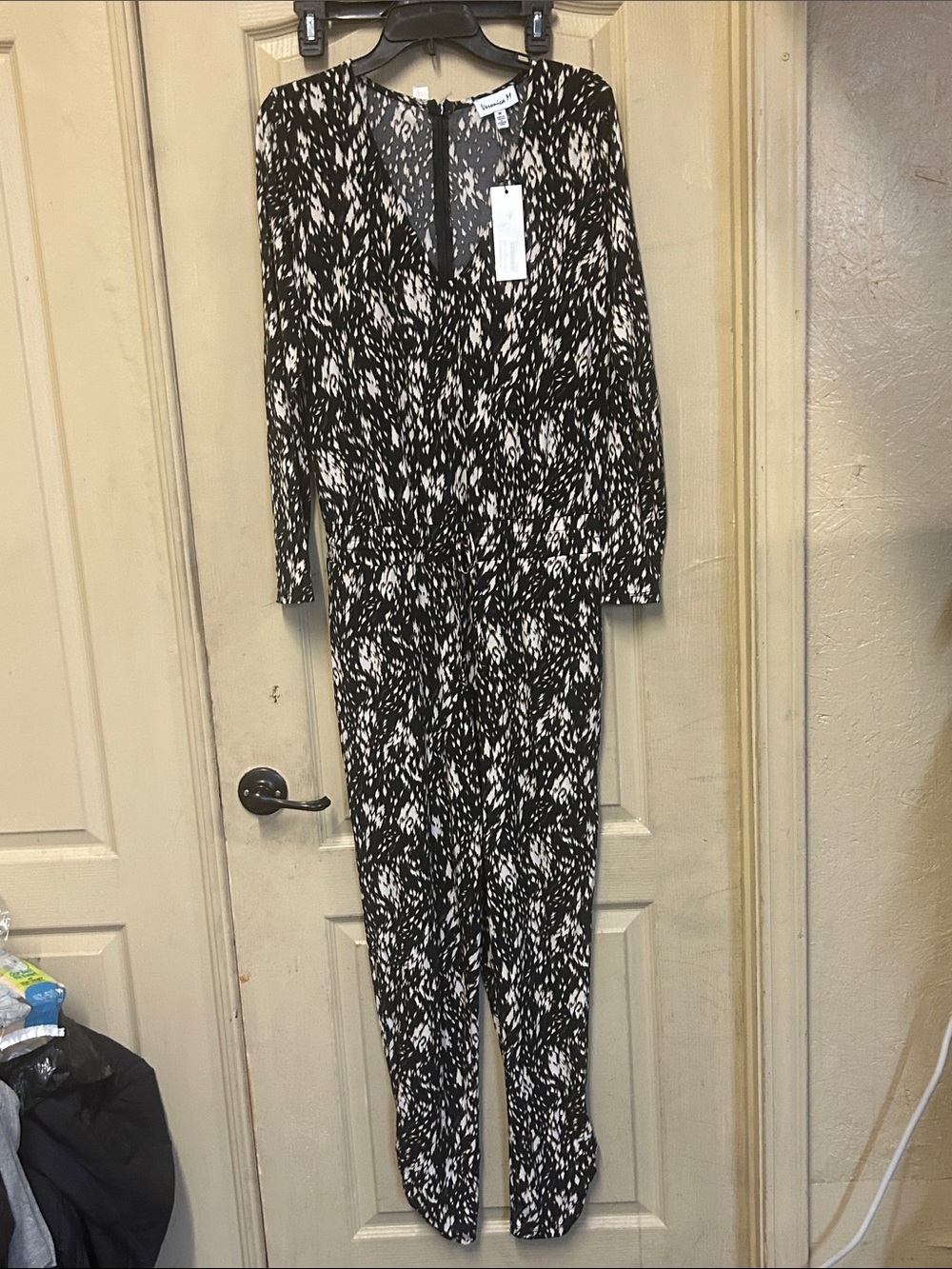 Veronica Beard Black & White Printed Long-Sleeve Jumpsuit